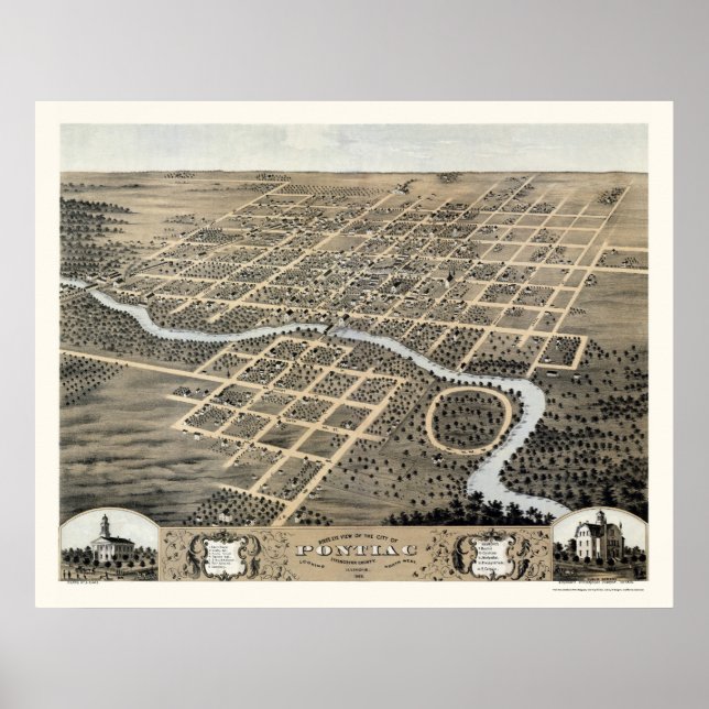 Póster Pontiac, mapa panorámico IL - 1869 (Frente)