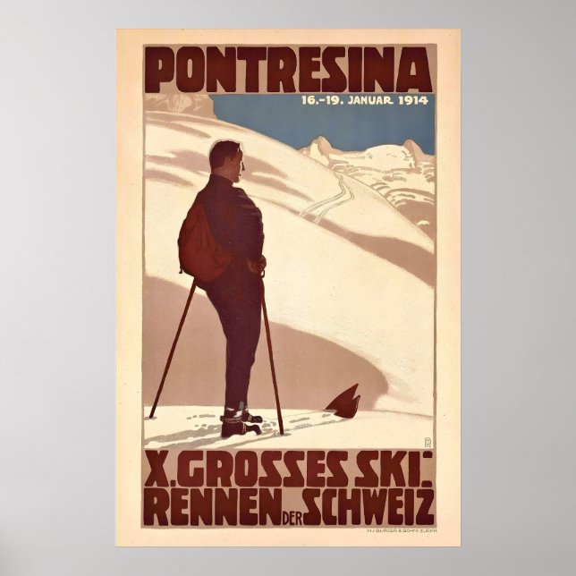 Póster Pontresina Alps Graubünden Switzerland Vintage Ski (Frente)