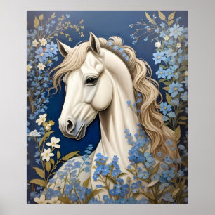 Póster Pony Blanco Elegante Y Olvidadme-Nots