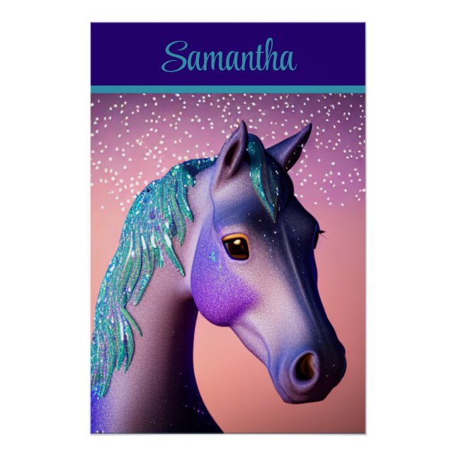 Póster Pony mágico en morado y Verde azulado con nombre p (Anverso)