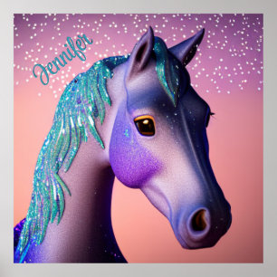 Póster Pony mágico en morado y Verde azulado con nombre p