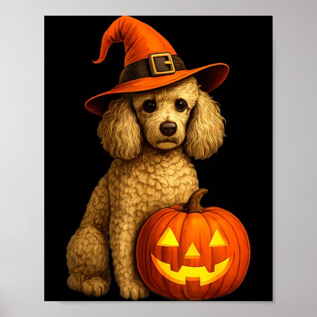 Póster Poodle Halloween Pumpkin Witch Hat Dog Art Family  (Frente)