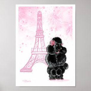 Póster Poodle negro con Torre Eiffel Rosa