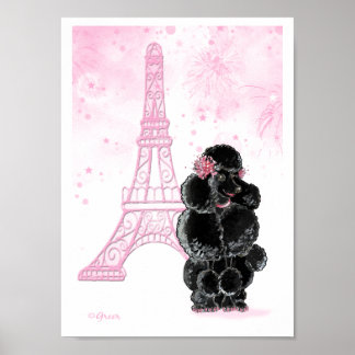 Póster Poodle negro con Torre Eiffel Rosa