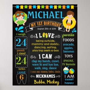 Póster Pool party first birthday chalkboard sign