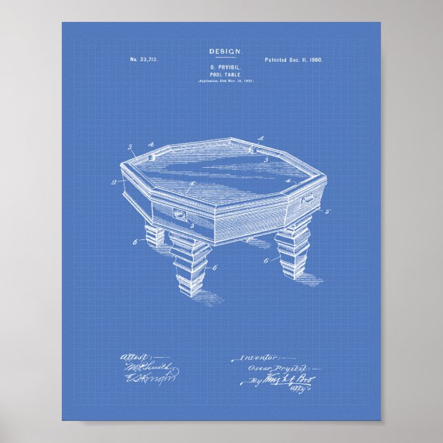 Póster Pool Table 1900 Patent Art Blueprint (Frente)