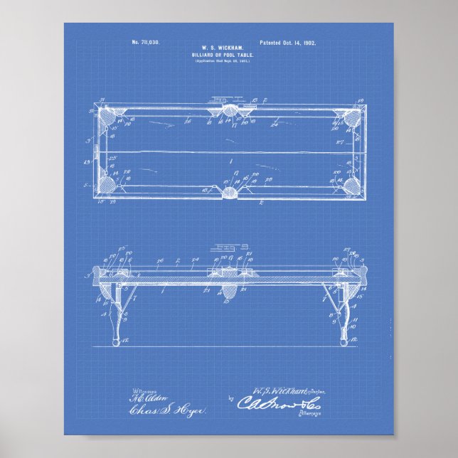 Póster Pool Table 1902 Patent Art - Blueprint (Frente)