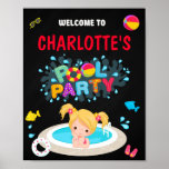 Póster Pool welcome party sign Girl summer swimming party<br><div class="desc">Pool welcome party sign Girl summer swimming party sign. Pool welcome sign is perfect to welcome your guests at your pool party for girls and boys kids! Cute party sign for children featuring Pool party splash art, blonde girl and some pool party equipment. It's perfect for any water fun such...</div>