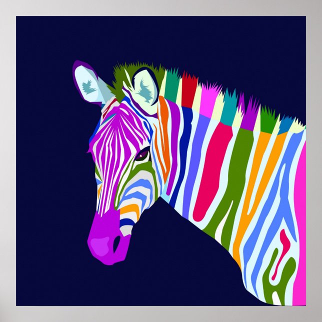 Póster Pop Art Animal (A digital art illustration of a zebra head, set against a dark blue background.)