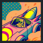 Póster Pop Art Astronaut Driving Rocket Car<br><div class="desc">This is a vibrant digital illustration in a pop art style featuring an astronaut driving a futuristic, rocket-powered car. The astronaut, wearing a yellow and white spacesuit with a green visor, is at the wheel of a pink and yellow car with large rocket boosters attached to the rear. Flames and...</div>