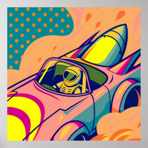 Póster Pop Art Astronaut Driving Rocket Car