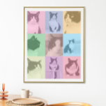 Póster Pop Art Cat 9 Foto Bloque de color retro moderno<br><div class="desc">Un personalizado de arte pop estilo 9 poster de fotos listo para que subas tus fotos favoritas de tu gato o perro. Colores transparentes de colores vivos en tonos pastel: rosa,  azul,  amarillo,  verde y violeta. Arte original ©Marisu Valencia</div>