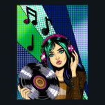 Póster Pop Art Chica con registro<br><div class="desc">Chica de arte pop sujetando un álbum de vinilo con notas musicales a su alrededor. Arte dibujado a mano azul,  verde y violeta.</div>