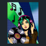 Póster Pop Art Chica con registro<br><div class="desc">Chica de arte pop sujetando un álbum de vinilo con notas musicales a su alrededor. Arte dibujado a mano azul,  verde y violeta.</div>