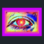 Póster Pop Art Eyes como una flama negrita psicodélica<br><div class="desc">Este es un diseño de arte pop fresco con un ojo psicodélico que arde con colores vivos y parece que hay una llama en el alumno con un marco naranja y un fondo morado.</div>