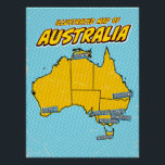 Póster Pop Art Ilustrado Australia<br><div class="desc">Este mapa ilustrado de Australia está representado en un vibrante estilo pop art. El mapa está delineado en negro y relleno con un color amarillo brillante,  sobre un fondo azul con un patrón punteado. Las principales ciudades de Australia están etiquetadas en cajas azules</div>