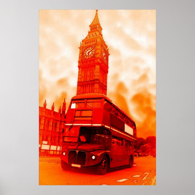 Póster Pop Art London Bus Big Ben Red Naranja Amarillo (Frente)