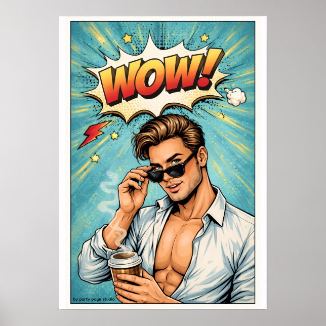 Póster Pop Art Poster „WOW!“ – Attraktiver Mann Comic Wan (Frente)