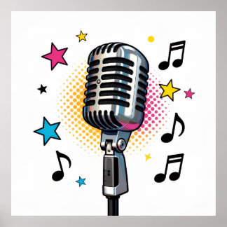 Póster Pop microphone with colorful stars and music notes