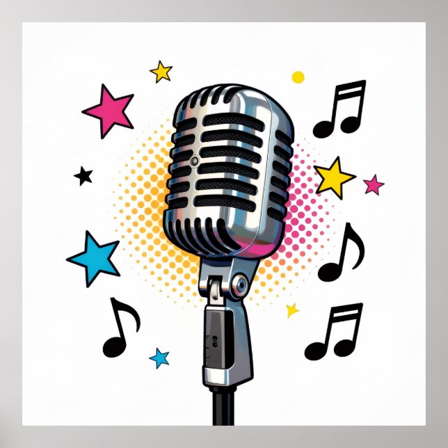 Póster Pop microphone with colorful stars and music notes (Frente)