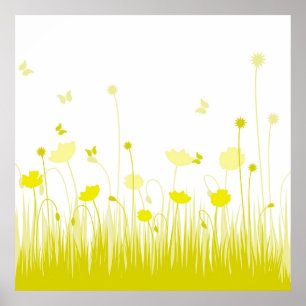 Póster Poppies minimalistas amarillos y blancos pradera f
