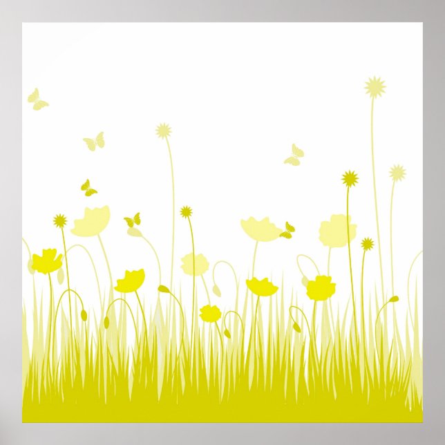 Póster Poppies minimalistas amarillos y blancos pradera f (Frente)