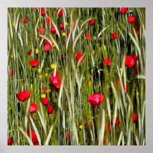 Póster Poppies Rojos En Una Pintura De Wheatfield