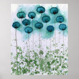 Póster Poppies verde azulados y verdes, pared de flores a