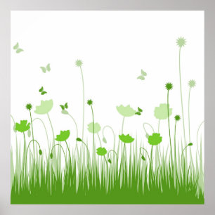 Póster Poppies verdes y blancos minimalistas pradera flor