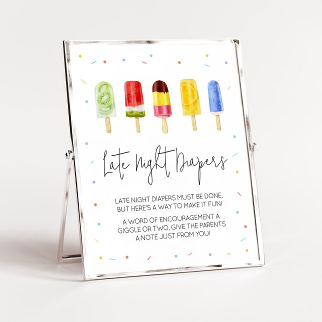 Póster Popsicle Baby Shower Late Night Diapers (Ready to Pop Baby Shower Late Night Diapers Sign)