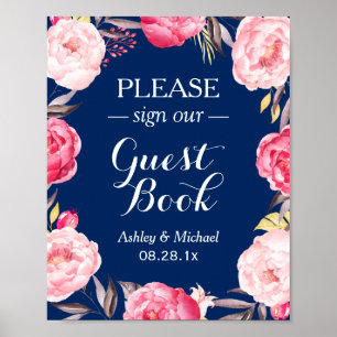 Póster Por favor Rótulo Guestbook Navy Floral Azul
