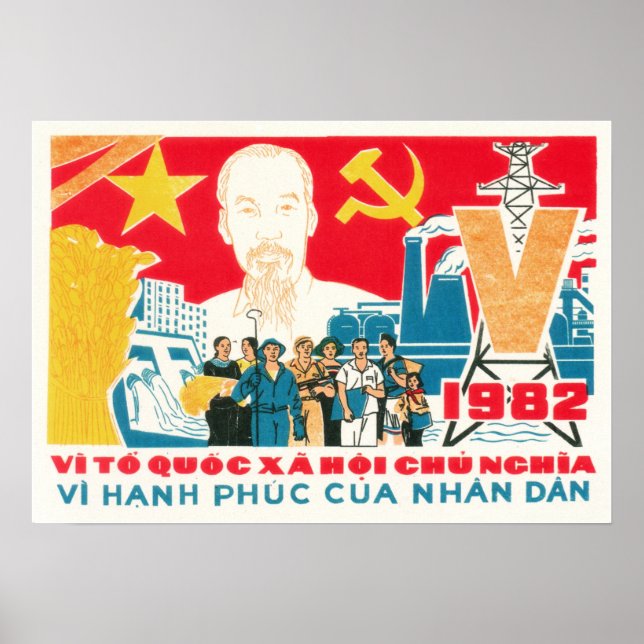 Póster ¡Por la felicidad del pueblo! Vietnam antiguo 1982 (Frente)
