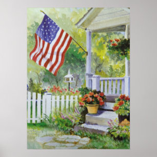 Póster Pórche de entrada colonial de la bandera americana