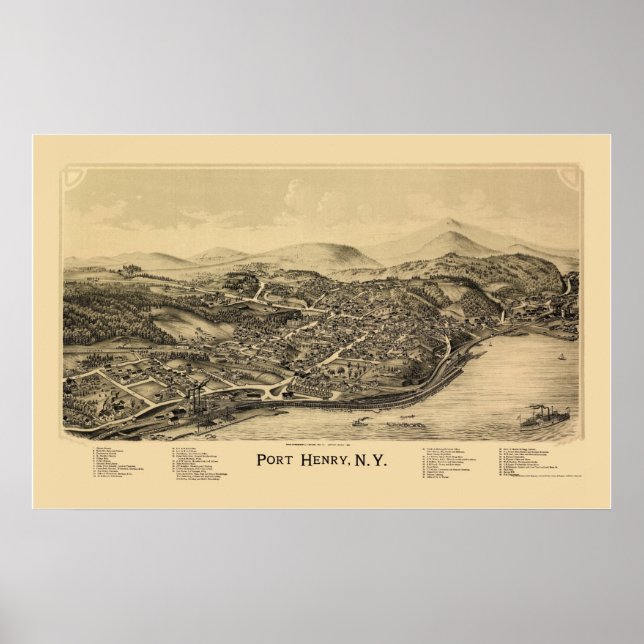 Póster Port Henry, Mapa Panorámico NY - 1889 (Frente)