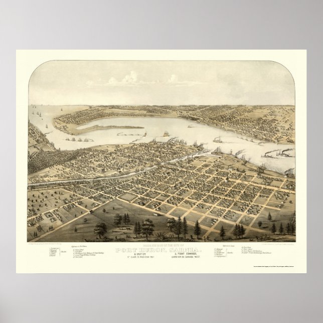 Póster Port Huron, Mapa Panorámico MI - 1867 (Frente)