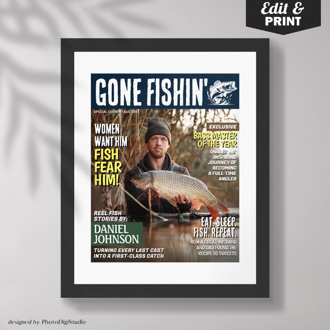 Póster Portada de la revista de pesca personalizado, dive (Custom Fishing Magazine Cover, Funny Fishing Gifts Poster)
