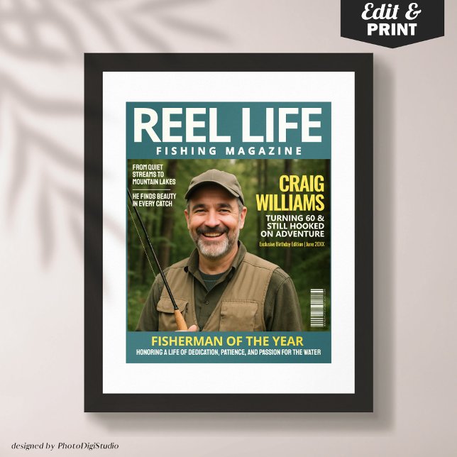 Póster Portada de la revista de pesca personalizado, retr (Custom Fishing Magazine Cover, Fisherman Portrait Poster)