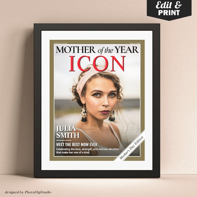 Póster Portada de la revista Día de la Madre personalizad (Custom Mothers Day Magazine Cover, Mother of the Year Gift for Mom Poster)