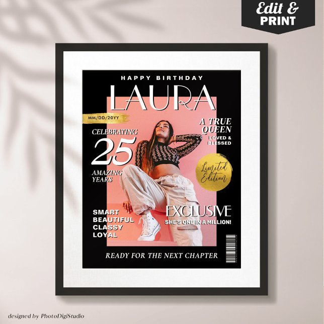 Póster Portada de la revista Personalizado de cumpleaños  (Personalized Modern Birthday Poster Custom Magazine Cover, Fashion Portrait Poster)