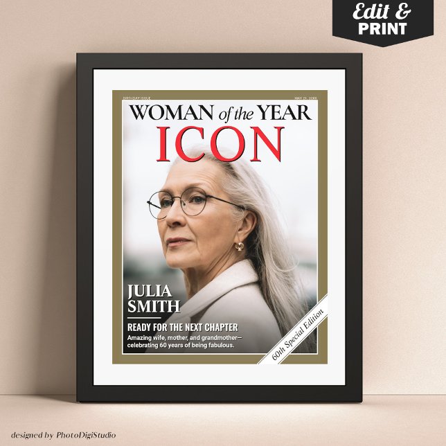 Póster Portada de revista de cumpleaños personalizado, re (Custom Birthday Magazine Cover, Woman of the Year Woman Portrait Poster)