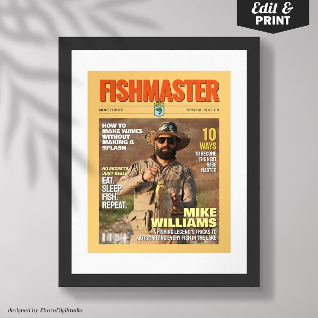Póster Portada de revista de pesca personalizado, regalo  (Custom Fishing Magazine Cover, Gift for Fisherman Poster Editable and Printable)