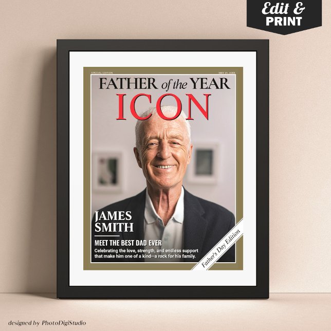 Póster Portada de revista del Día del Padre personalizado (Custom Fathers Day Magazine Cover, Father of the Year Gift for Dad Poster)
