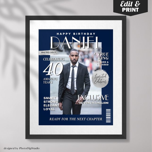 Póster Portada de revista personalizado, retrato de cumpl (Custom Magazine Cover, Modern Birthday Portrait Poster Navy SIlver Birthday Gift for Him)