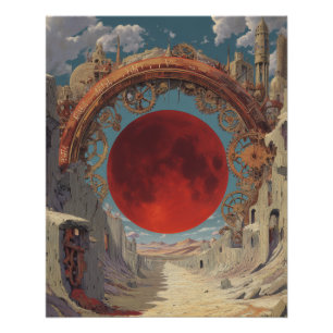 Póster Portal de Luna Roja Surrealista Arte de Fantasía