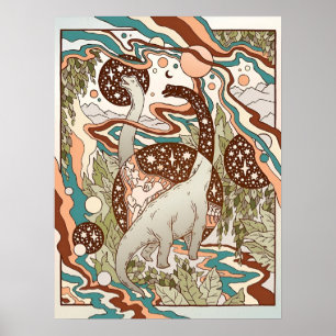 Póster Portal Jurásico   Paleta arco iris retro   Dinosau