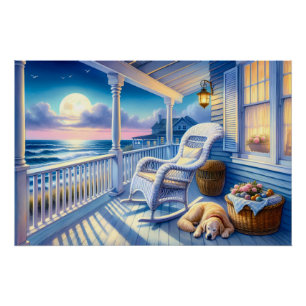 Póster Pórtico costero iluminado por la luna con perro y