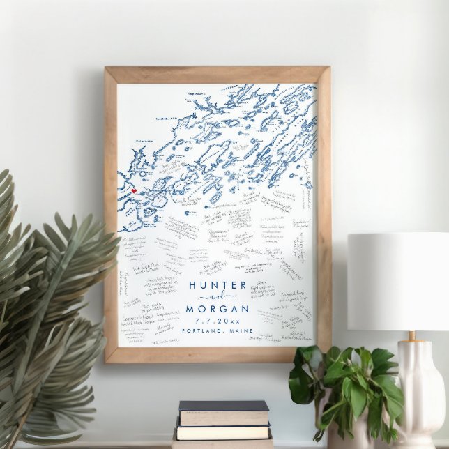 Póster Portland Maine Boda Poster de libros de invitados  (This Portland Maine wedding guest book poster is perfect for your destination wedding in Casco Bay)