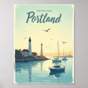 Póster Portland, Maine – Faros y paseo marítimo vintage