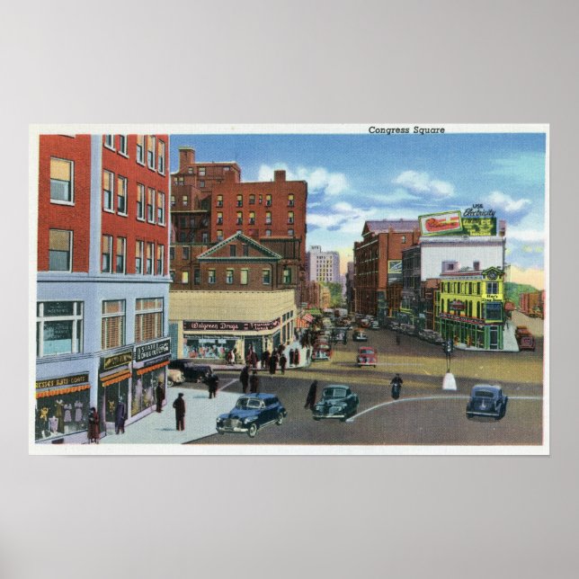 Póster Portland, MaineView de la Plaza del Congreso (Frente)