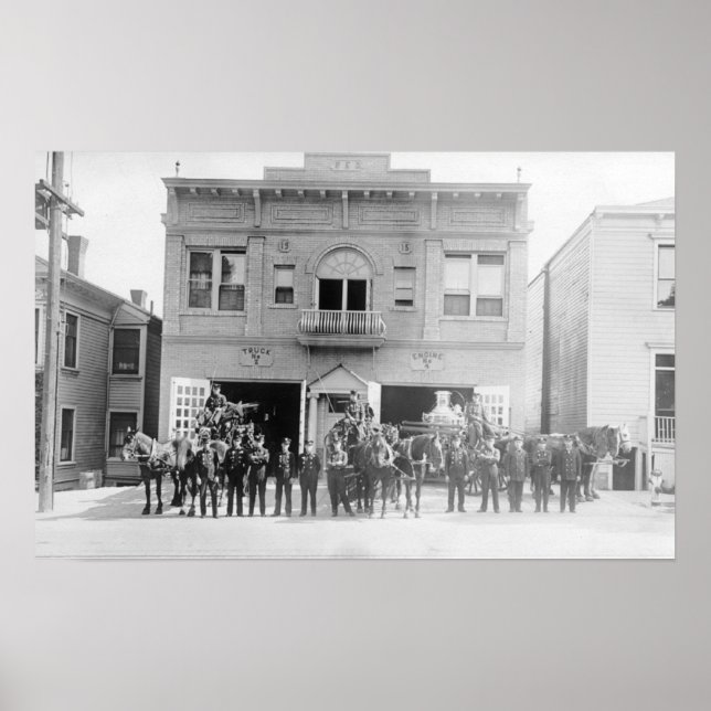 Póster Portland, OR Fire Station Horse Drake and Men (Frente)